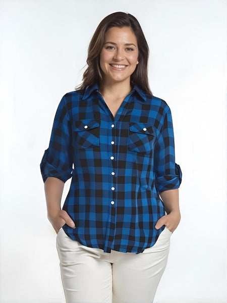 Ladies Roll Up Sleeve, Double Fabric Plaid, Cotton Button Down, Light Weight Cotton Shirt. Blue/Navy. Style#8471