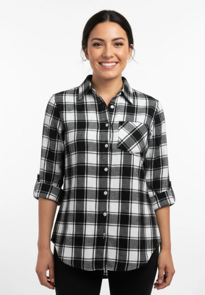 Ladies Long Sleeve Roll Tab Brushed Flannel Shirt. Black/ White plaid