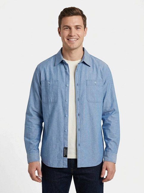 Men's Long sleeve light blue chambray shirt. Men's soft chambray