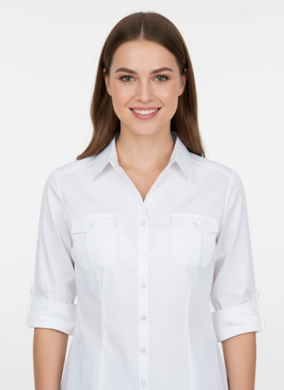 Women's Roll Up Sleeves, 100% Cotton Classic White Shirt. Style# 197W