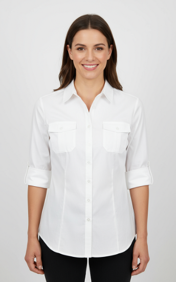 Women's Roll Up Sleeves, 100% Cotton Classic White Shirt. Style# 197W