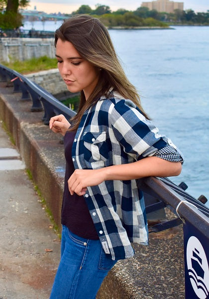 Ladies Roll Tab Sleeve, Double faced Plaid Button Down Shirt. Navy/Cream. Style 1909