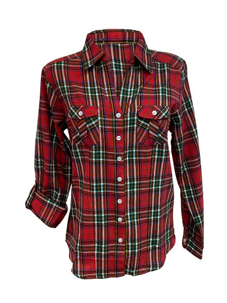 Ladies Roll Tab Sleeves, Light Brushed Flannel Shirt. Red/Green Style 2265