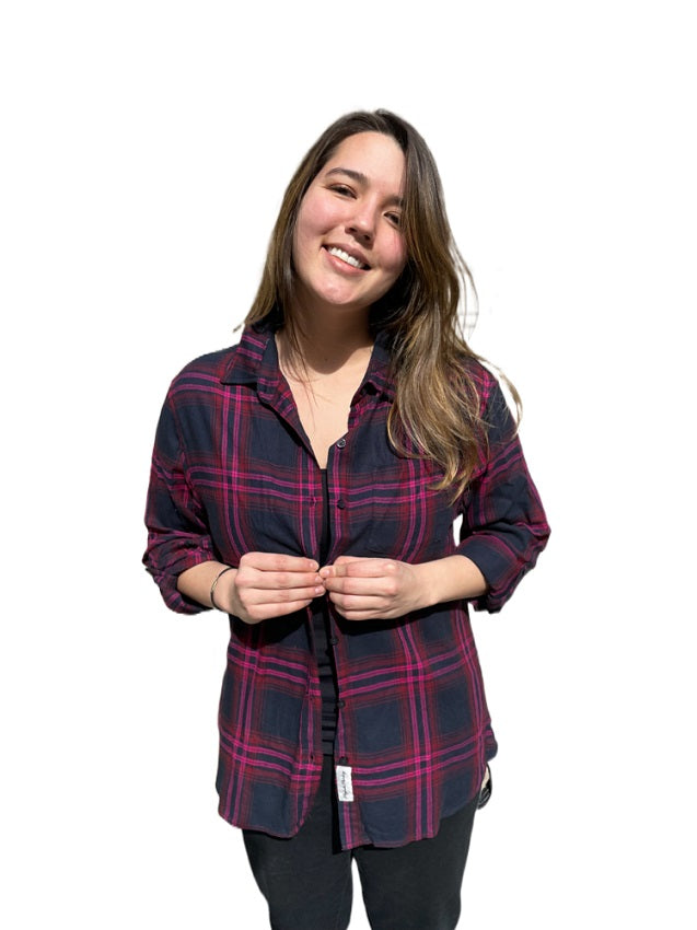 pink and navy plaid shirt