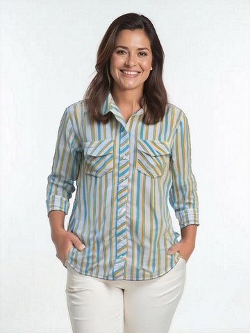Ladies Long Sleeve, Light Weight, Cotton Stripe Shirt. Blue/White. Style# 150302A