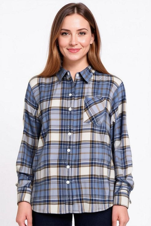 Women's  Long Sleeves, Button Down,  Rayon Plaid Shirt. Blue/White. Style# 1532