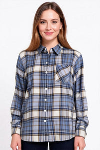 Women's  Long Sleeves, Button Down,  Rayon Plaid Shirt. Blue/White. Style# 1532
