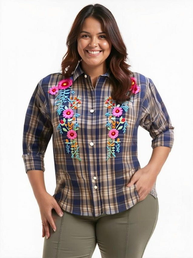 Ladies, Roll Tab Sleeve, Embroidered Blue Plaid, Light Weight Cotton Shirt. Style #1848