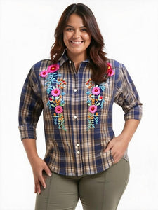 Ladies, Roll Tab Sleeve, Embroidered Blue Plaid, Light Weight Cotton Shirt. Style #1848