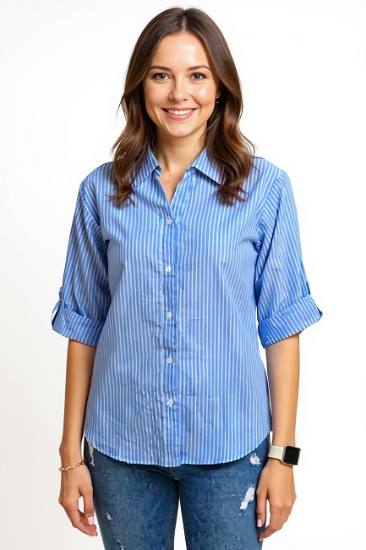 Ladies, Light Weight, Long sleeve, button back dark chambray blue/white stripe shirt. Style# 2030