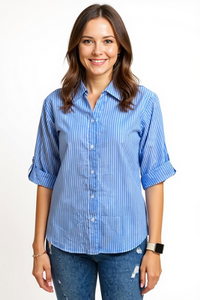 Ladies, Light Weight, Long sleeve, button back dark chambray blue/white stripe shirt. Style# 2030