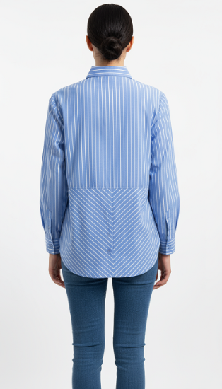 Ladies, Light Weight, Long sleeve, button back dark chambray blue/white stripe shirt. Style# 2030