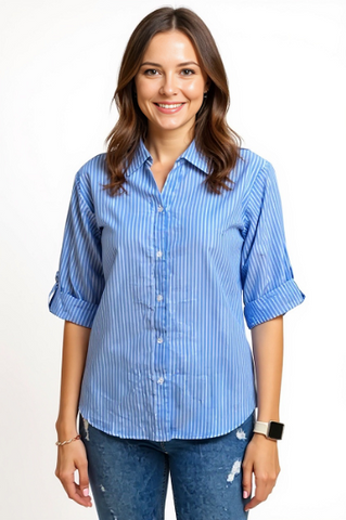 Ladies, Light Weight, Long sleeve, button back dark chambray blue/white stripe shirt. Style# 2030