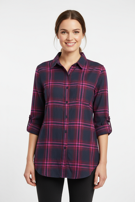 Ladies Long Sleeve, Cotton Twill Plaid, Roll Tab Sleeve Shirt. Navy/Pink. Style 3088