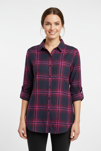 Ladies Long Sleeve, Cotton Twill Plaid, Roll Tab Sleeve Shirt. Navy/Pink. Style 3088