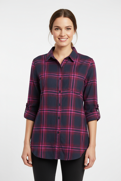 Ladies Long Sleeve, Cotton Twill Plaid, Roll Tab Sleeve Shirt. Navy/Pink. Style 3088