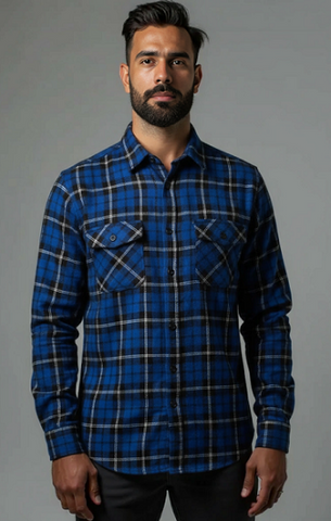 Men's Long Sleeve Brushed Flannel Shirt. Blue/Black. Style 2121