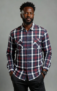Men's Long Sleeve Brushed Flannel Shirt. Navy/Red Style 2149