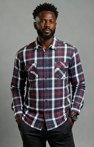 Men's Long Sleeve Brushed Flannel Shirt. Navy/Red Style 2149