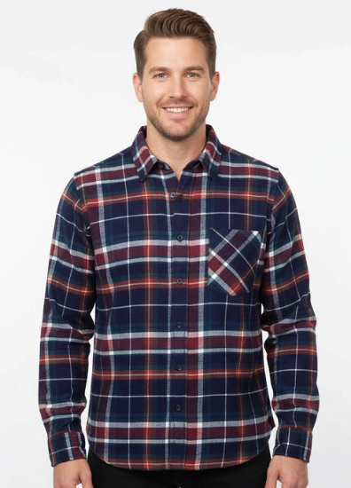 Men's Long Sleeve Brushed Flannel Shirt. Navy/Green. Style 2262