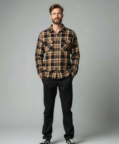 Men's Long Sleeve Brushed Flannel Shirt. Black/Cream. Style 2123
