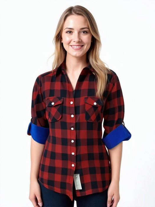Ladies Roll Up Sleeve, Double Faced, Plaid Button Down,  Cotton Shirt. Burgundy/Black. Style 2358