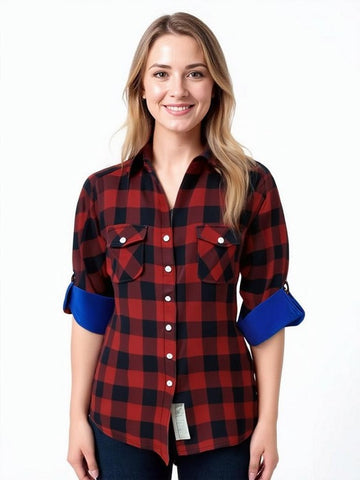 Ladies Roll Up Sleeve, Double Faced, Plaid Button Down,  Cotton Shirt. Burgundy/Black. Style 2358