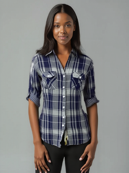 Ladies Roll Up Sleeve, Double Faced  Plaid Button Down, Cotton Shirt. Navy/Grey. Style 2360