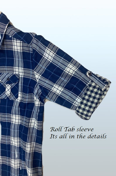 Ladies 100% cotton, light weight ,double faced, roll tab sleeve plaid button down shirt. Navy multi Style 3296