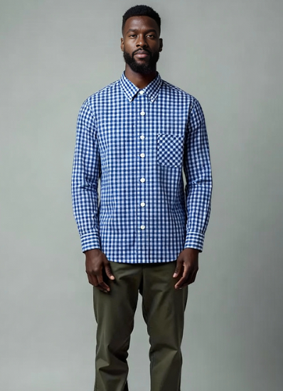 Men's long sleeve gingham check, button down royal blue/white shirt. Style 3530