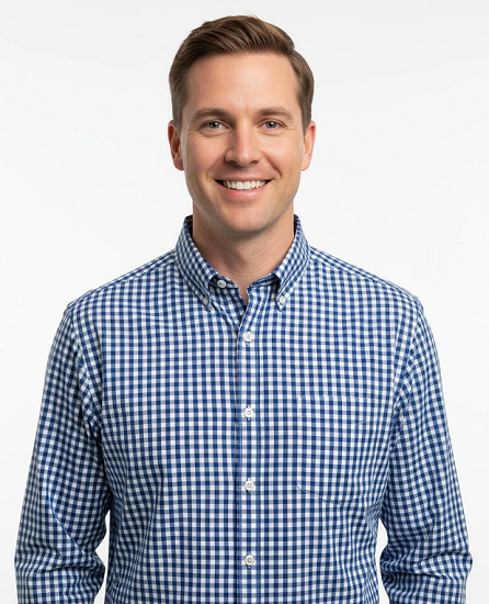 Men's long sleeve gingham check, button down royal blue/white shirt. Style 3530