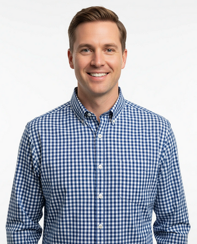 Men's long sleeve gingham check, button down royal blue/white shirt. Style 3530