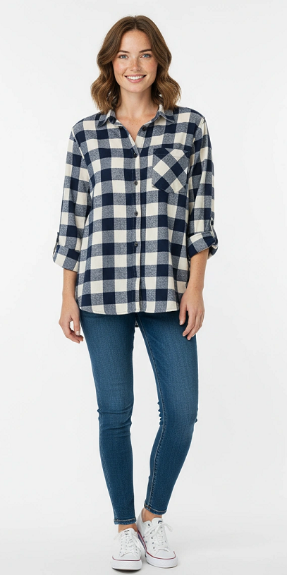 Ladies Long Sleeve, Roll Tab, Soft  Brushed Flannel Shirt. Navy/White. Style 2917