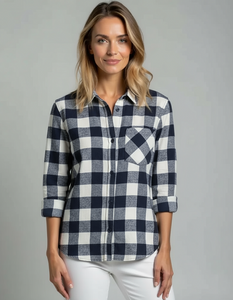 Ladies Long Sleeve, roll Tab, Soft Brushed Flannel Buffalo Plaid Shirt. Black/White. Style 2918