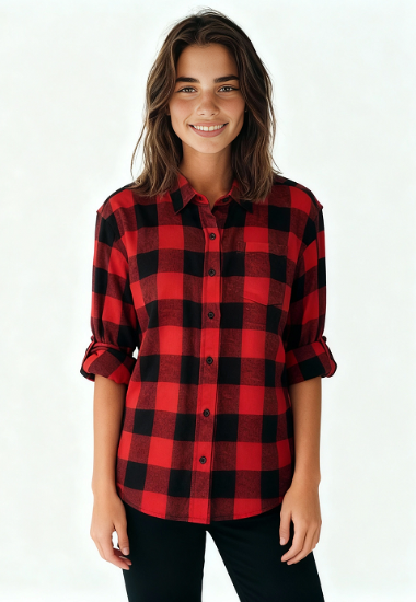 Ladies Long Sleeve, Roll Tab, Brushed Buffalo Plaid  Flannel Shirt. Red/ Black Style 2934