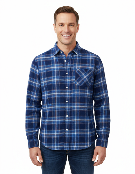 Men's Long Sleeve Brushed Flannel Shirt. Navy. Style 2941