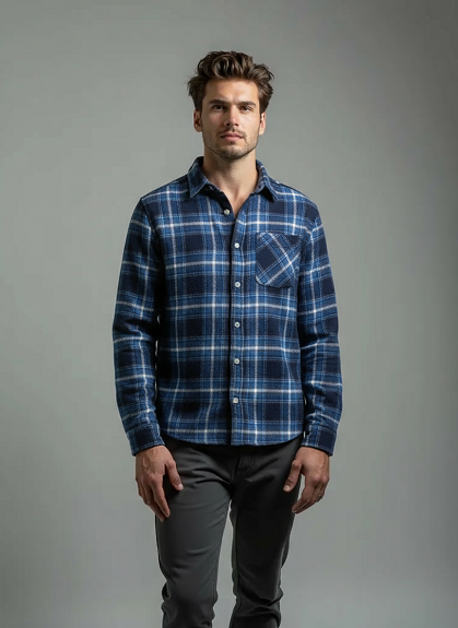 Men's Long Sleeve Brushed Flannel Shirt. Navy. Style 2941
