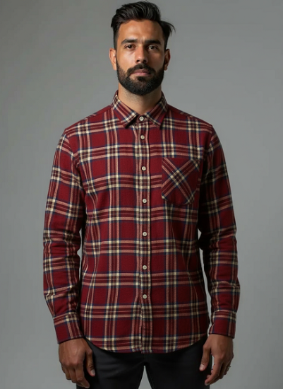 Men's Long Sleeve Cotton Twill Shirt. Red plaid. Style 2947