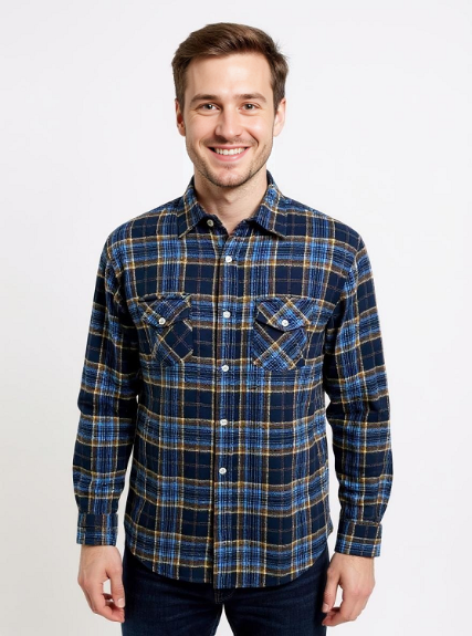 Men's long Sleeve Brushed Flannel Shirt. Navy. Style 2966