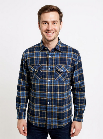 Men's long Sleeve Brushed Flannel Shirt. Navy. Style 2966