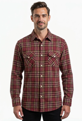 Men's Long Sleeve Brushed Flannel Shirt. Burgundy. Style 2969