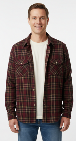 Men's Long Sleeve Brushed Flannel Shirt. Burgundy. Style 2969