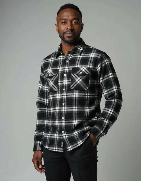 Men's Long Sleeve Brushed Flannel Shirt. Black. Style 2971