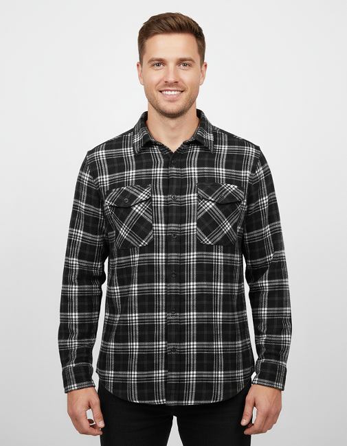 Men's Long Sleeve Brushed Flannel Shirt. Black. Style 2971