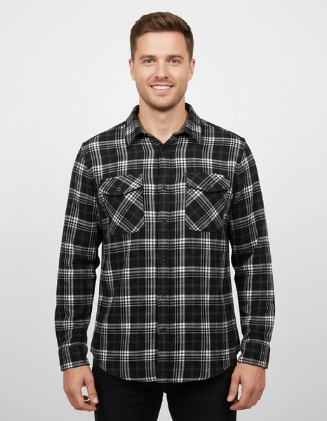 Men's Long Sleeve Brushed Flannel Shirt. Black. Style 2971