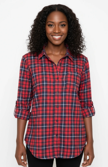 Ladies Long Sleeve, Roll Tab, Red Soft Brushed Flannel Plaid Shirt. Style 2973