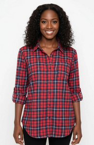 Ladies Long Sleeve, Roll Tab, Red Soft Brushed Flannel Plaid Shirt. Style 2973