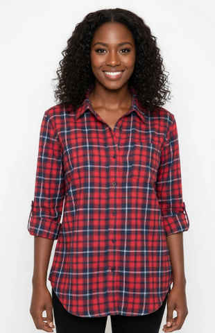 Ladies Long Sleeve, Roll Tab, Red Soft Brushed Flannel Plaid Shirt. Style 2973