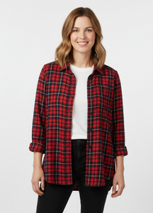 Ladies Long Sleeve, Roll Tab, Red Soft Brushed Flannel Plaid Shirt. Style 2973