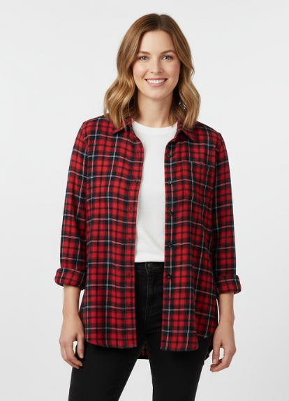 Ladies Long Sleeve, Roll Tab, Red Soft Brushed Flannel Plaid Shirt. Style 2973